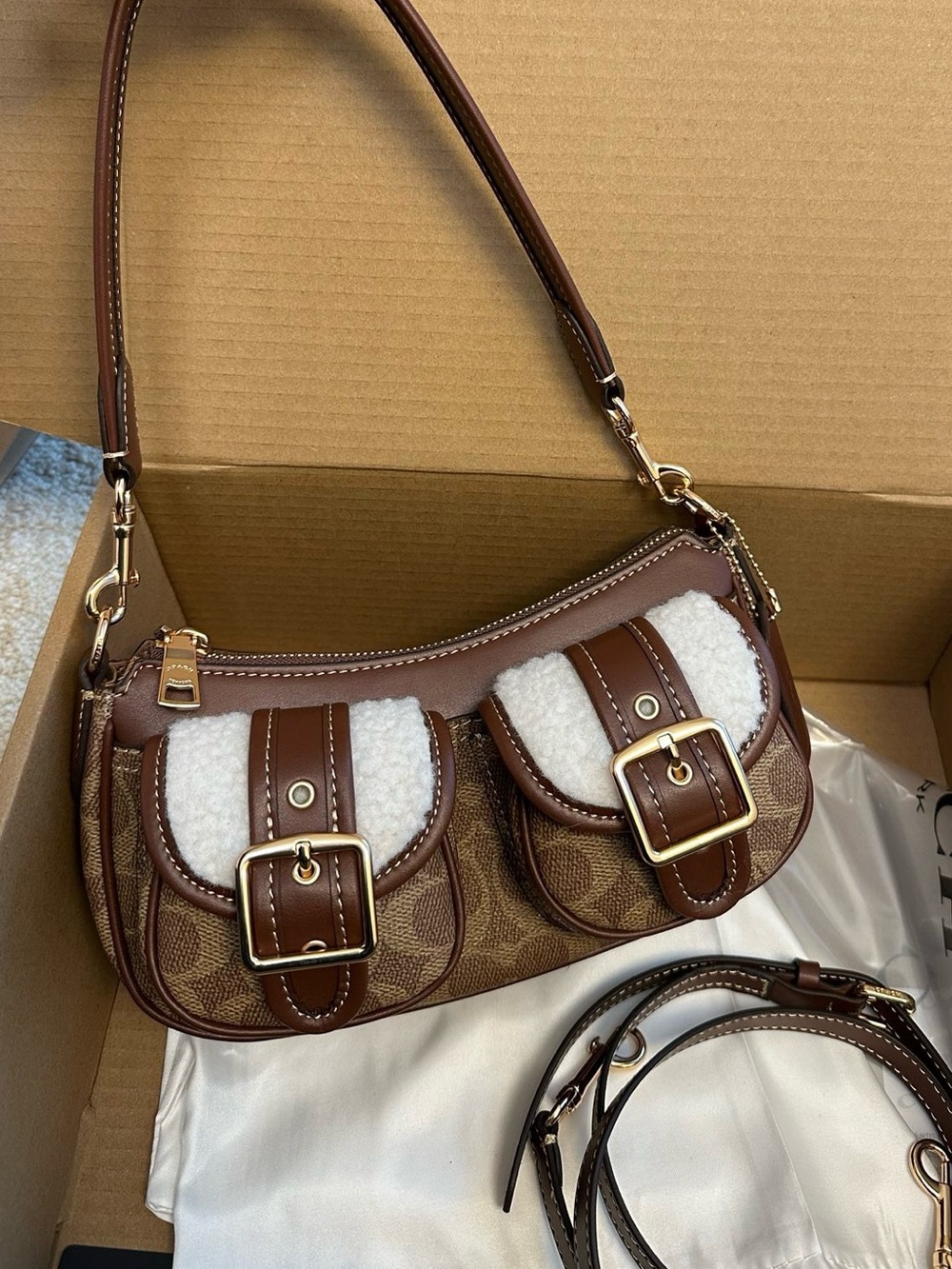 Coach Brown & Ivory Shearling-Trim Shoulder Bag - Picture 5 of 5